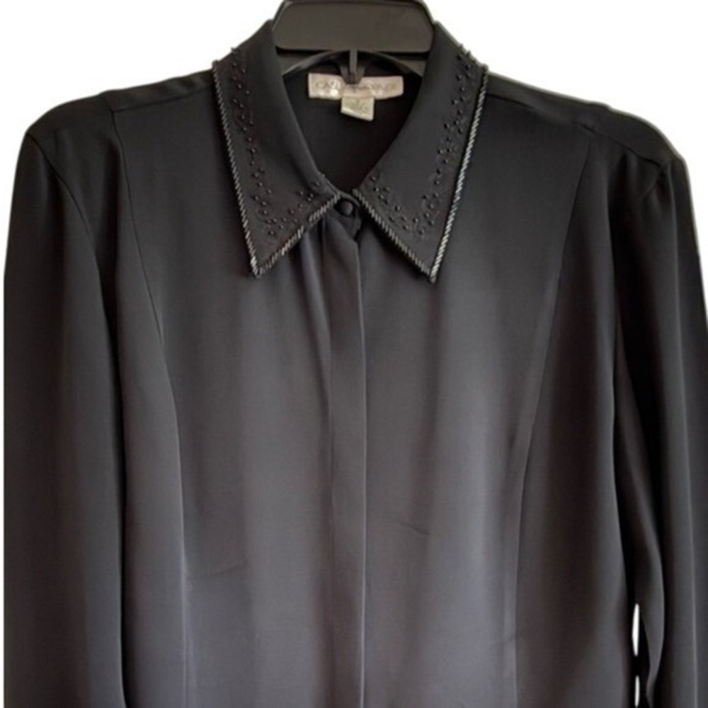 Casual Corner Silk Shirt Black Size 10 Button Down Long Sleeve